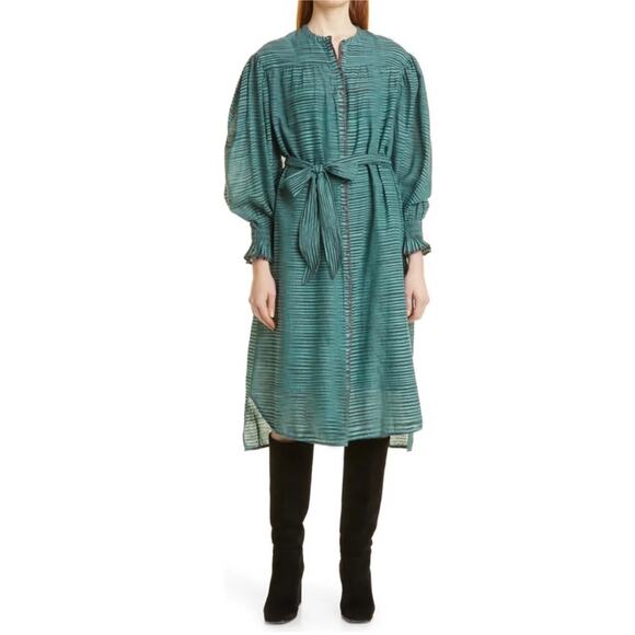 Ulla Johnson Dresses & Skirts - Ulla Johnson Teal Fiora Piplin Cotton Striped Long Sleeve Midi Dress 8